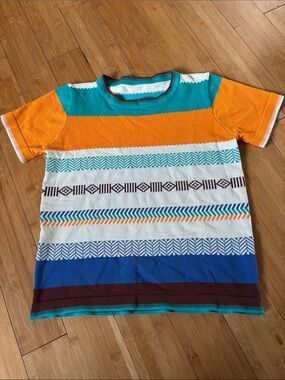 on the byas Short-Sleeve Striped Tee in Orange, Teal & Blue